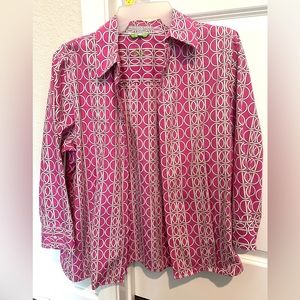 Foxcroft Wrinkle Free Fitted Blouse Shirt Pink White Circles Size 10 Women’s